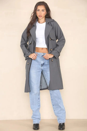 KATCH ME Grey Notch Lapel Double Breasted Belt Decor Trench Coat Coat